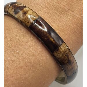 Vintage 70s Wood Inset Brass Bamgle Bracelet 2.6in dia Bohemian